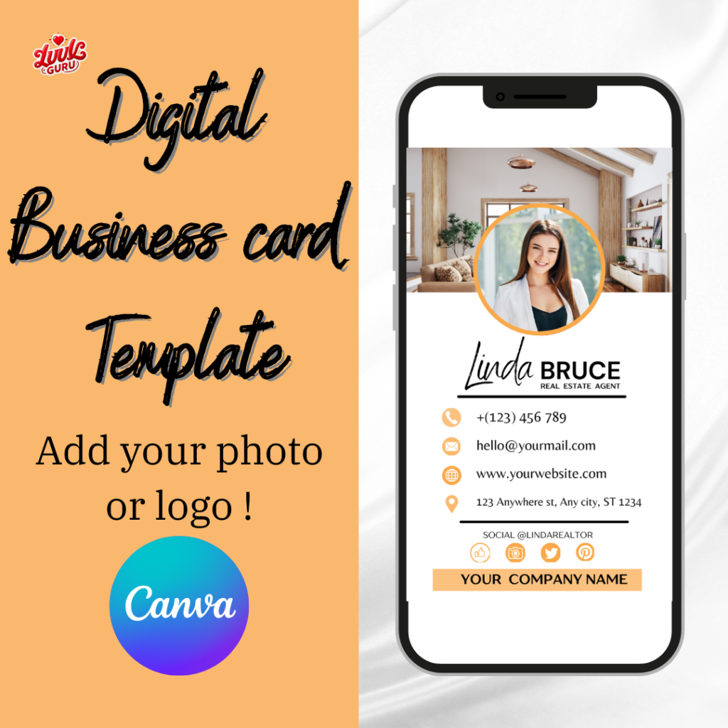 Digital Business Card Template. DIY add logo & photo! Editable Canva Design. Modern, Realtor Marketing, Real Estate, Realty Professional